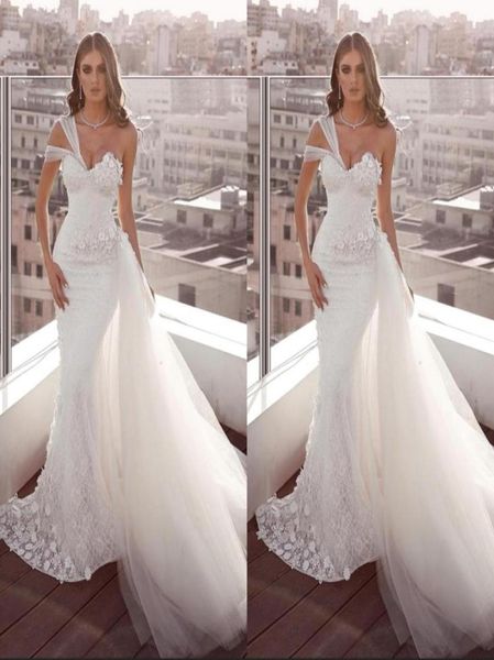 

plus size white lace wedding dresses mermaid one shoulder backless bridal gowns with tulle train beach garden vestido de noiva5817264