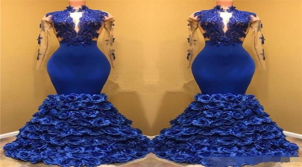 

royal blue black girls mermaid evening dresses long sleeves lace applique keyhole neck prom dresses 3d rose flowers pageant gowns3340101