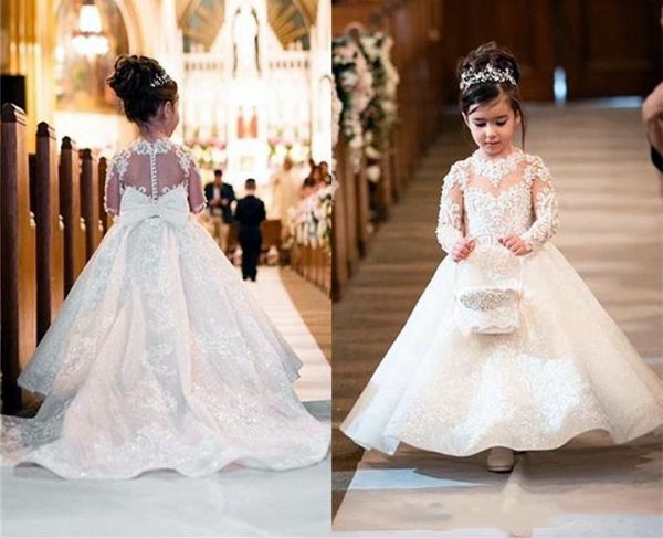

2021 lace beaded flower girl dresses sheer neck long sleeves ball gown lilttle kids birthday pageant weddding gowns zj6766229492, White;blue