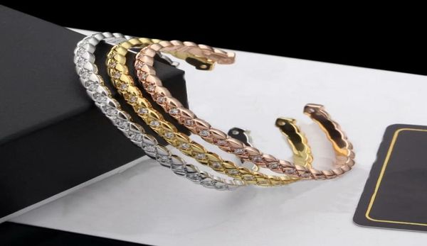 

europe america new style lady women titanium steel engraved c initials plaid setting diamond open bangle bracelets 3 color1393645, Black