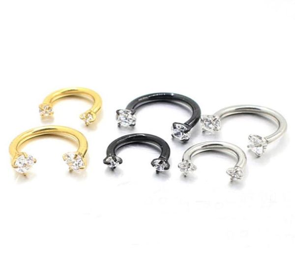 

double headed zircon u shaped horseshoe ring piercing jewelry bcr universal eyebrow nail lip clear cz gem 316l stainless steel2971991, Silver