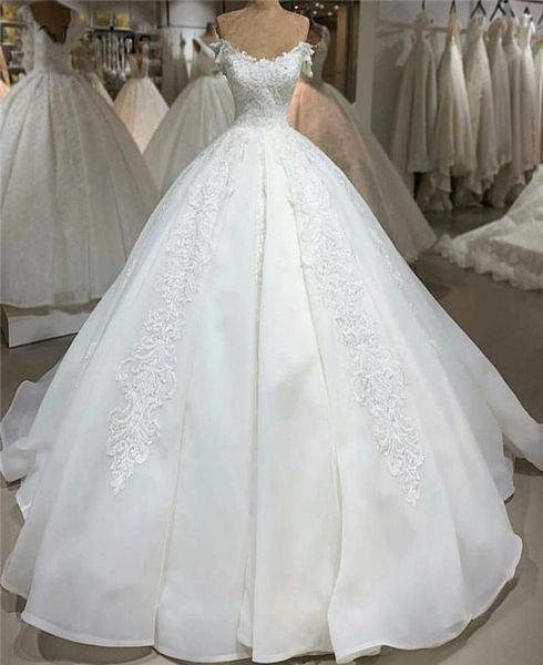 

luxury lace ball gown wedding dresses backless off the shoulder appliques sweep train ivory princess bridal dress voiles de m3396190, White
