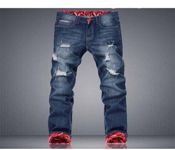 

whole 2015 new for men slim straight casual leisure jeans ripped hip hop biker jeans homme denim trousers overalls cargo 5752665, Blue