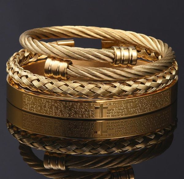 

3pcsset cross men bracelet handmade stainless steel hemp rope buckle open bangles pulseira bileklik luxury jewelry1587221, Golden;silver