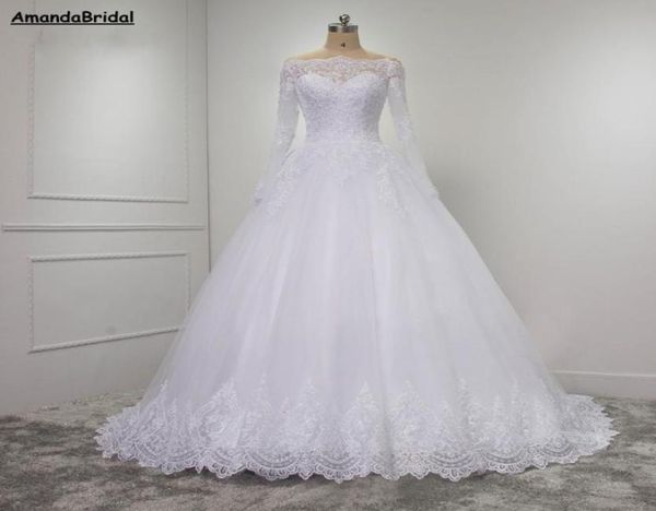 

amandabridal long sleeve lace ball gown wedding desses for bride corset tulle bridal gown plus size wedding gowns6156668, White