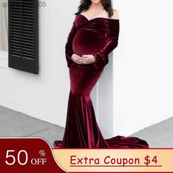 

2022 spring long sleeve maternity pgraphy dresses golden velvet pregnancy dress v-neck pregnant woman party clothing s  l x l230712, White