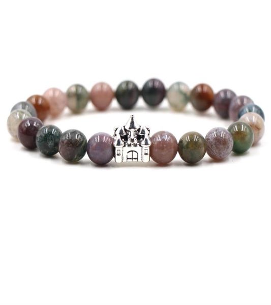 

8mm natural stone beads strand silver castle charms bracelet jewelry vintage love beaded bracelets women friend gift7136103, Golden;silver
