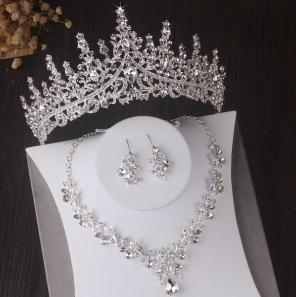 

luxury silver color crystal leaves bridal sets baroque tiaras crowns earrings choker necklace wedding dubai jewelry set9299845