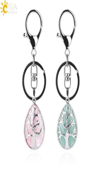 

csja fashion water drop keychains key ring key holder reiki natural stone amethyst lava tree of life pendant for car motorcycle ba2933984, Slivery;golden
