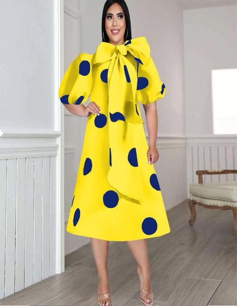 

casual dresses polka dot print white dress women big bow belt puff sleeve o neck summer elegant fashion loose party evening 2022ca1752612, Black;gray