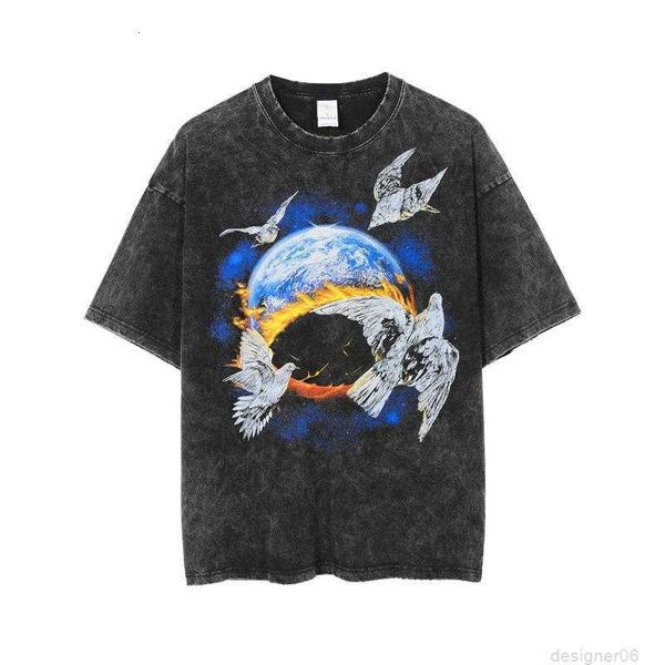 

men's t shirts loose oversize high street vintage man summer cartoon dove printed short sleeve casual tees men's, White;black