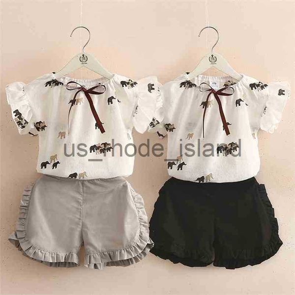 

t-shirts summer fashion 2 3 4 5 6 7 8 9 10 years print fly short sleeve bow t-shirt+cotton shorts 2 pieces sets for kids baby girls 210625 x, Blue