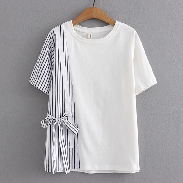 

pants 4xl plus size basic tshirt women 2023 spring summer design side stripe laceup tees short sleeve oversize curve clothes, White