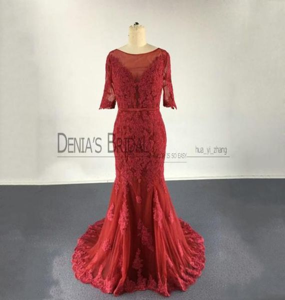 

2017 wine red mermaid evening dresses vestidos festa with bateau neckline illusion 12 sleeves v back lace appliques real images p5728428, Black;red