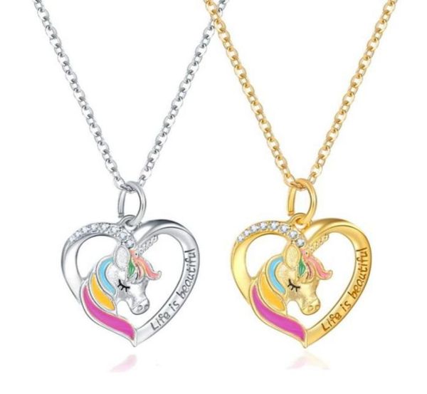 

10pcs new unicorn heart necklaces colored dripping oil horse pendant necklaces for teenage woman jewelry gift t10418641464105352, Silver
