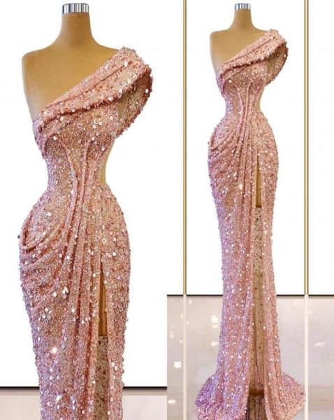 

glittering pink sequined evening dresses 2022 one shoulder ruched sweep train formal prom gowns side slit mermaid women speci1317844, Black