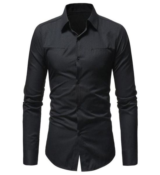

fashion solid color wave jacquard turndown collar long sleeve slim men039s shirt 541385, White;black