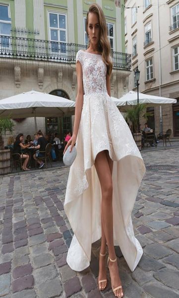 

high low short wedding dress boho short front long back lace wedding gown cap sleeves vestido de noiva backless bride gown il6218636, White