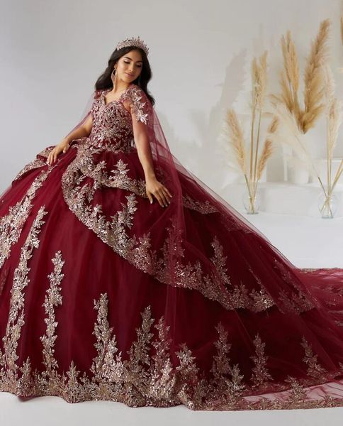 

burgundy and gold princess quinceanera dresses with long cape metallic lace appliques prom sweet 15 vestido xv anos rojo, Blue;red