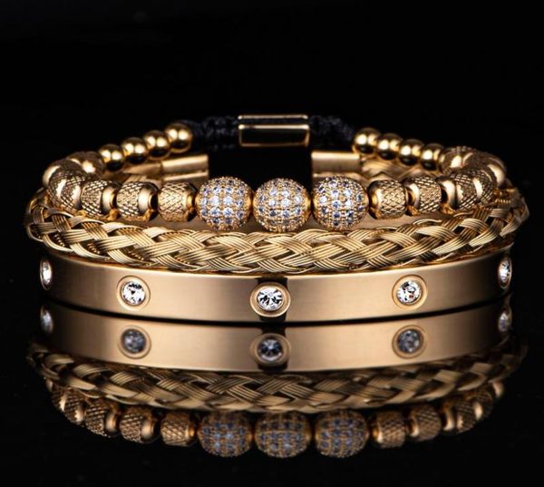 

3pcs luxury micro pave cz round beads royal charm men link bracelets stainless steel crystals bangles couple handmade jewelry gift6279423, Golden;silver