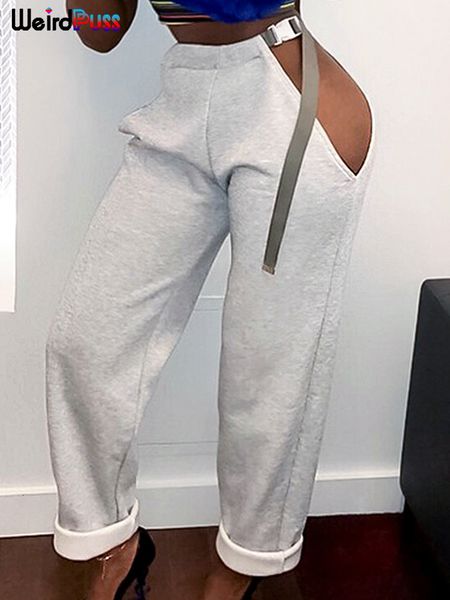 

women's pants capris weird puss two side hollow straight pants women solid color belt trousers high waist trend street hipster loose wi, Black;white