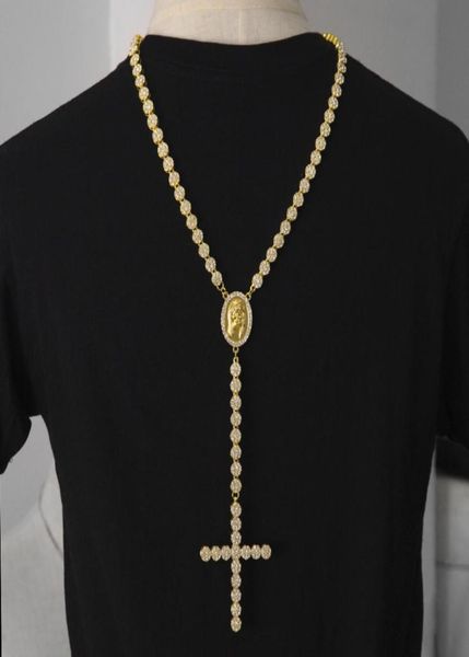 

men luxury long necklace gold silver full iced out rhinestones jesus face with big cross pendant necklace rosary punk jewelry3308917