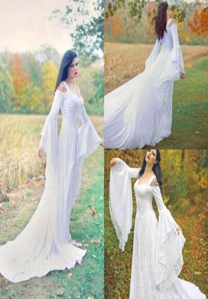 

fantasy fairy medieval wedding dresses lace up custom made off the shoulder long sleeves court train full lace bridal gowns high q6001353, White