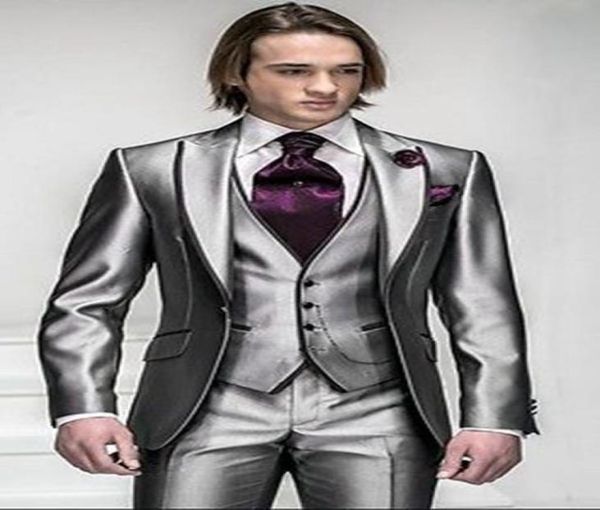 

new shiny slim fit groom tuxedos silver grey man peak lapel groomsman men weddingdinner suits bridegroom2002265, Black;gray
