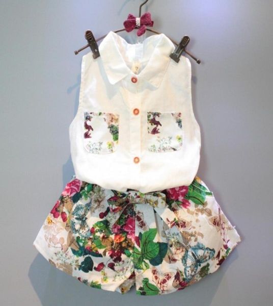 

28 years baby girl suits summer fashion sleeveless shirt floral shorts cotton kids sports children sclothing set whole2499086, White