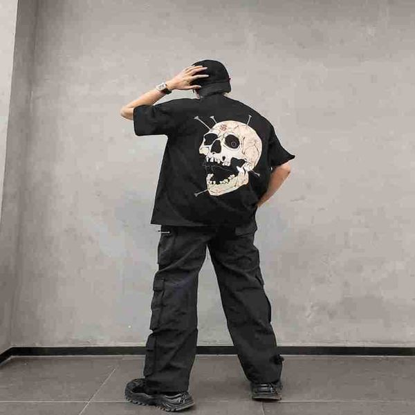 

american hiphop high street pure cotton short sleeve t-shirt summer new high grade skull head 5/4 sleeve for men and women, White;black