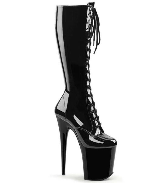 

2023europe and america front lace up slim heel high-heeled boots patent leather high-heeled boots steel pipe dance shoes 20cm heels, Black