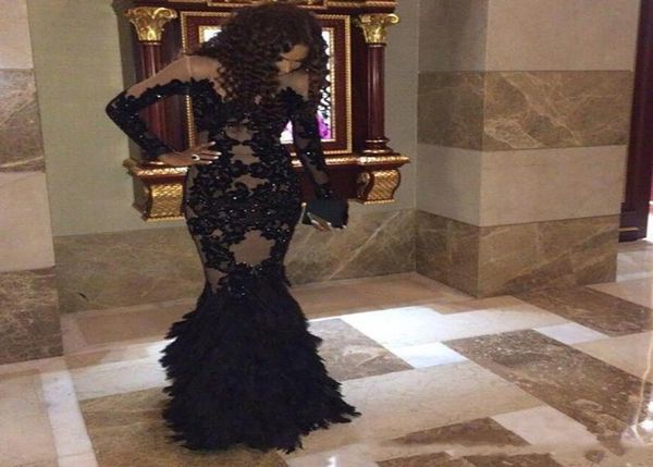 

luxury black feather prom dresses with long sleeves sheer champange arabic evening gowns real tulle mermaid formal dresses gowns p7239841