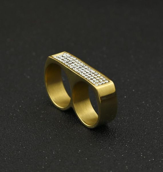 

mens double finger ring fashion hip hop jewelry iced out stainless steel gold rings6300799, Silver
