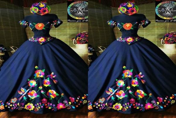 

2022 fashion charro mexico quinceanera dresses navy blue embroidered off the shoulder satin corset back sweet 15 girls prom dress 2027491, Blue;red