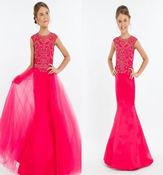 

pink detachable train girls pageant dresses 2022 long mermaid hollow back rhinestones beaded sequins tulle long kids formal1068765, White;red