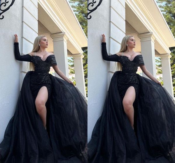 

arabic dubai black sheath prom dresses long for women backless off one shoulder sequined high side split formal occasion evening pageant bir
