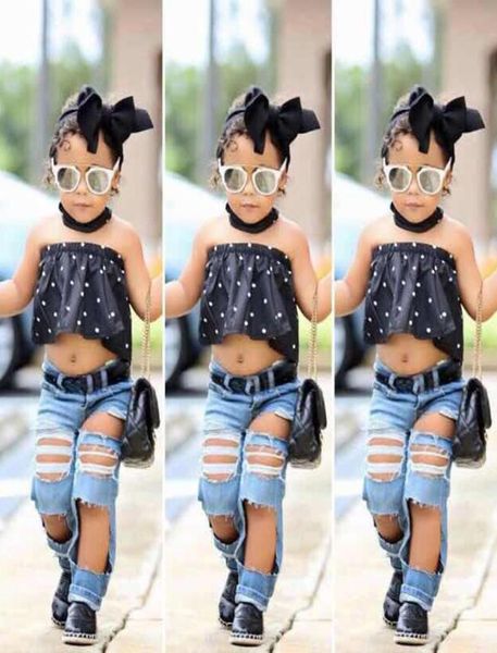 

baby girl clothes sets kids girls summer off shoulder tshirthole jeanshairband jeans girls clothing set9309178, White