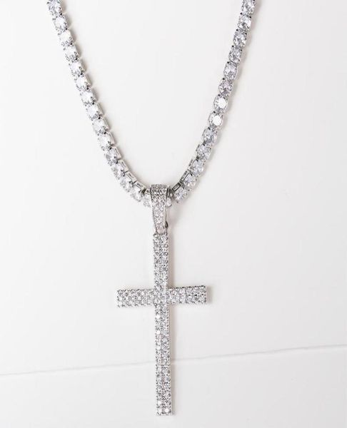 

chains hip hop micro pave zircon cross pendant crystal custom size tennis chain necklace out men039s jewelry15131609, Silver