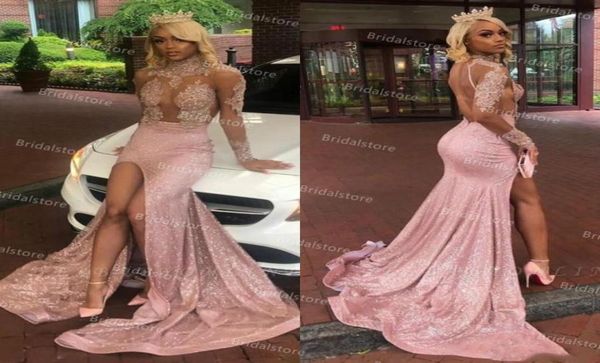 

sparkly pink sequin mermaid evening dress 2021 see through lace open back african long sleeve prom dresses with slit black gir1749036, Black;red