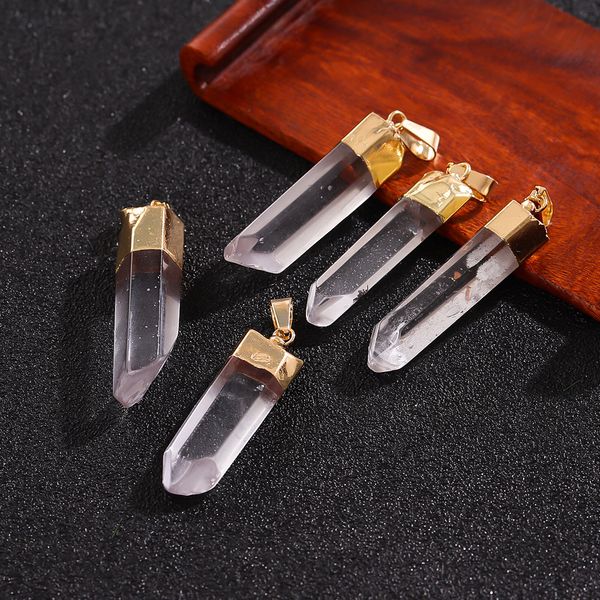 

natural raw stone hexagon pendant irregular white crystal pillar charms for jewelry making, Bronze;silver