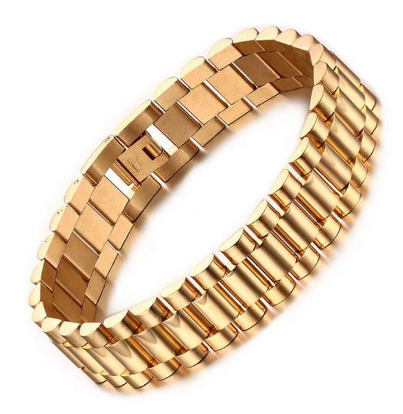 

15mm luxury men watch band bracelet gold plated stainless steel strap links cuff bangles jewelry gift5606252, Black