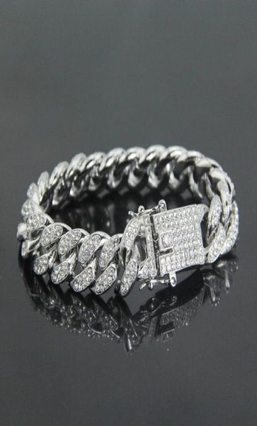 

simulated diamond iced out miami cuban link chain mens gold silver bracelets hip hop jewelry2934008, Black