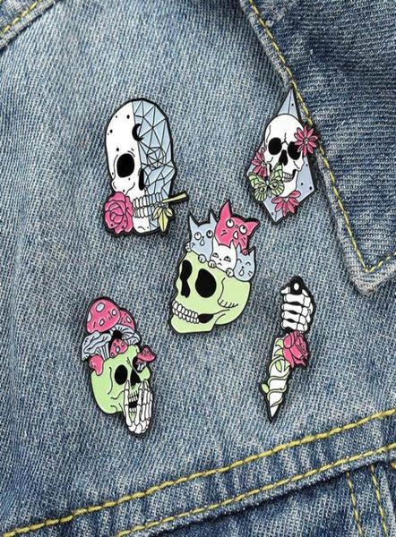 

pins brooches living skeleton enamel pins custom rose cats skull dagger brooch lapel badge bag punk gothic jewelry gift for frien6337426, Gray