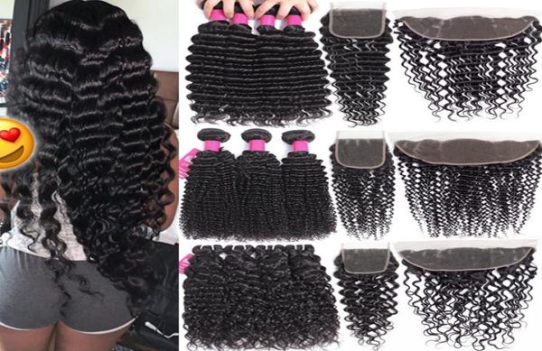 

9a brazilian virgin hair bundles with closures 4x4 lace closure or 13x4 lace frontal closure deep wave curly human hair bundles wi7439122, Black;brown