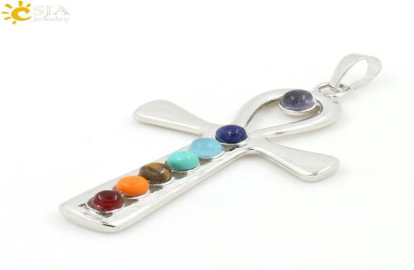 

csja 2pcs egypt ankh symbol cross of life key crux ansata 7 chakra beads charms pendant women men necklace choker prayer jewelry e4239689, Silver