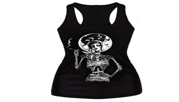 

clothing new 2016 women tshirt black vest 3d print ribs skull bone camisole knitted polyester horror tank 691861, Black;white