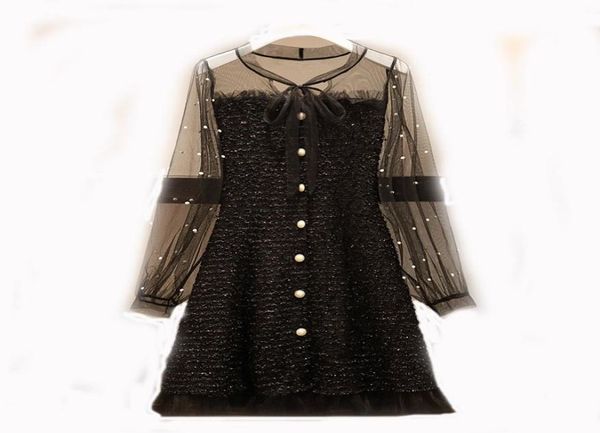 

women039s clothing elegant dresses new 2020 spring and autumn black bow collar beading mesh long sleeve tweed plus size dress8049189, Black;gray