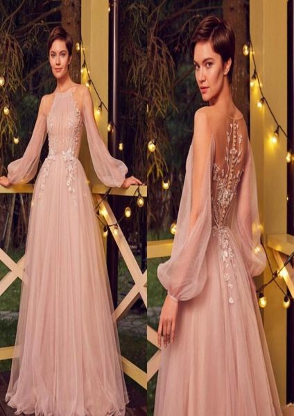 

blush pink evening dresses scoop neck appliqued beaded prom dress long sleeves ruffle sweep train custom made formal party gown8520535, Black