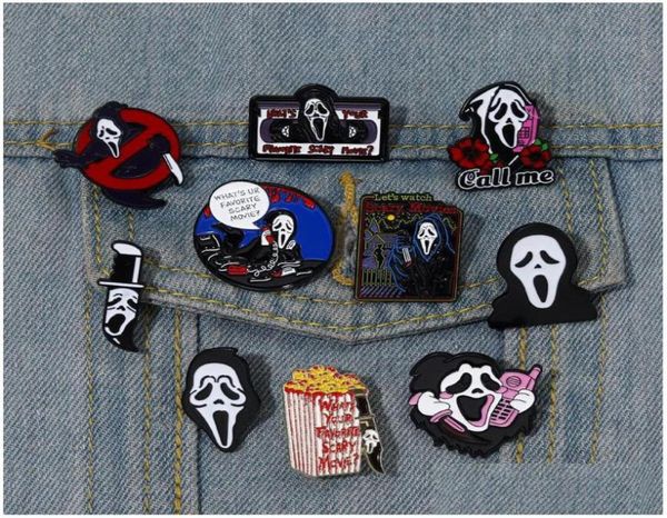 

pins brooches call me enamel pins whats your favorite scary movie custom lapel badges gothic punk skeleton jewelry gift for friend1857112, Gray