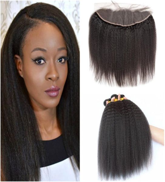 

kinky straight 13x4 full lace frontal closure with 4bundles italian coarse yaki virgin brazilian human hair weaves extensions with9654348, Black;brown
